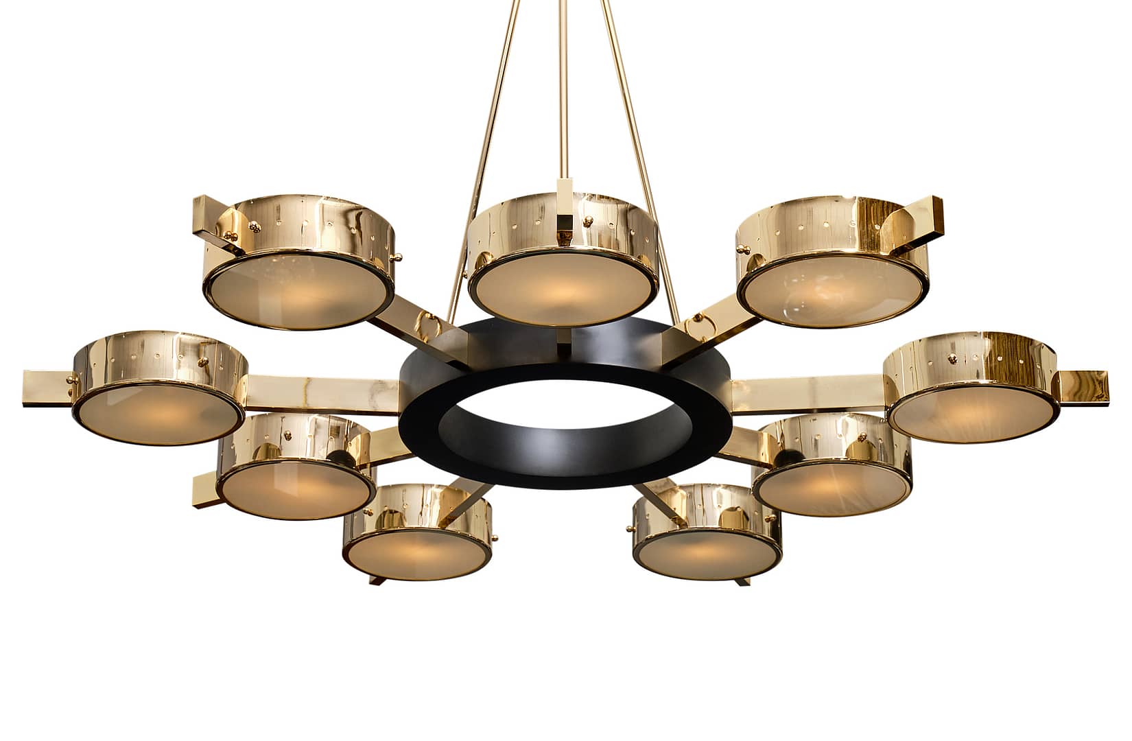 Chandelier from the region of Venice, Italy. This spectacular fixture features nine solid galvanized brass circular arms attached to the lacquered steel crown. This fixture has been newly wired to fit US standards. It requires nine medium-base bulbs.