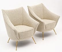 Italian Mid-Century Modern Arm Chairs With Brass Legs. This Gorgeous Pair of Armchairs And More Are On Display At Jean-Marc Fray Antiques in Austin, Texas. Ask Us About Shipping.