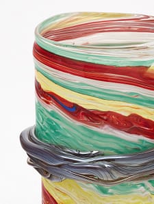 Murano glass vase, Italian, from the Island of Murano. This hand-blown glass piece is made with multicolored glass in red, green, and yellow tones and has an organic movement. Add some color into your home with this colorful murano glass vase.