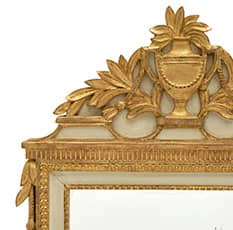 This French Antique Louis XVI Style Gold Mirror Comes With Original Intricate Decor Of A Classical Urn and Laurel Branches. This Classic Louis XVI Mirror And Many More Can Be Found At Jean-Marc Fray Antiques in Austin, TX. Ask Us About Shipping Worldwide. 