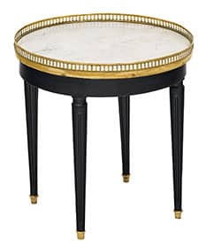 This Petite Bouillotte French Antique Side Table in The Style of Louis XVI Is Finished In A Ebony Lustrous French Polish and Features A Carrara Marble Top Trimmed With An Open Brass Gallery And Fluted Legs. You Can Find This Louis XVI Side Table And More at Jean-Marc Fray Antiques In Austin, Texas. We Also Ship Worldwide.