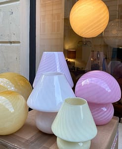 Pink and yellow Murano glass mushroom lamps.