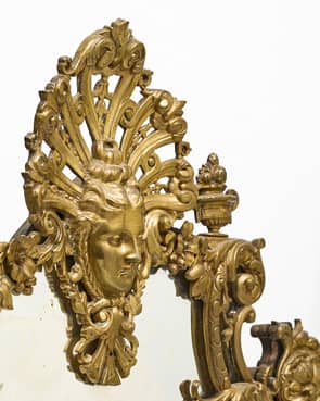 French Antique Napoleon III Mirror made of finely cast bronze ormolu, with intricate decor of friezes, “godrons”, and acanthus leaves circa 1880 from jean-Marc Fray Antiques in Austin Texas