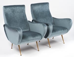 Italian modern pair of vintage armchairs are in the style of Marco Zanuzo with stylish solid brass legs. 
