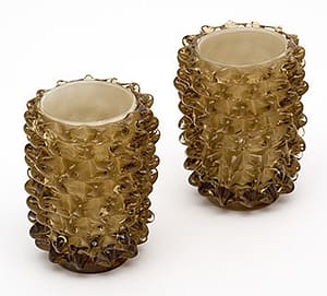 Pair of Italian Murano glass vases. This hand-blown pair has a lovely taupe color and is made with the rostrate technique.