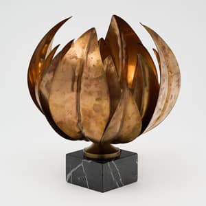 Lamp, French, in the modernist style by Maison Charles. The lamp features an array of hand embossed brass leaves flaring out “En Corolle” with a black veined marble base.
