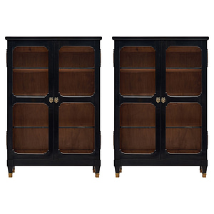Pair of bookcases in the French Regence style made of mahogany, ebonized, and finished in a lustrous museum-quality French polish. There are adjustable interior shelves. Each bookcase is supported by square tapered legs with bronze feet. They have working locks with original keys.