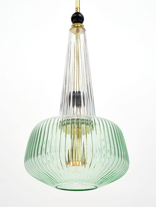 Set of Murano glass ridged pendants in the style of Ettore Sottsass. We have two sets of these beautiful fixtures available and each includes a green fixture, a smoke fixture, and a pink fixture. They have been newly wired to fit US standards. Style your kitchen with luxury with this set of murano glass pendant lights.
