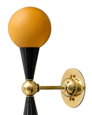 Italian Mid-Century Modern style wall sconces in the manner of Stilnovo. Two Murano glass "Incamiciato" amber globes and black lacquered cones extend from a brass structure to create each of these stunning lights. Each fixture holds two candelabra base sockets and is wired for US standards. Perfect wall decor with a luminous bonus.