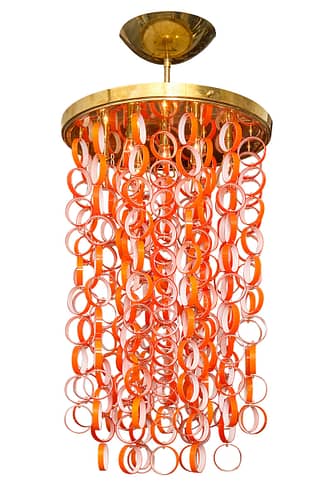 Italian Chandelier from the iconic Vistosi Studio on the Island of Murano. This piece features multiple strands of Murano tangerine and white rings hanging from a solid polished brass structure. Lighting is the perfect way to add color into your home.