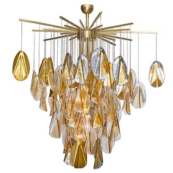 Murano glass chandelier in excellent condition. The brass structure holds 75 hand-blown glass elements - 35 with mirrored and amber glass, and 40 with clear and amber glass. This striking fixture catches the light in such lovely ways. It has been newly rewired to US standards. Murano Glass is a world-renowned craftsmanship that has been treasured for centuries. 
