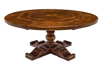 Antique French Grande Walnut Round Dining Table. Made of solid walnut wood and burled walnut inlaided with hand carved central star. Featuring pegged construction and hand carved central pedestal. 