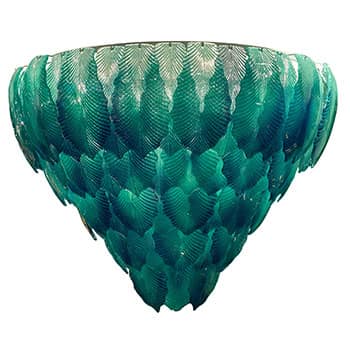 Italian Murano Glass Aqua and Green Fogile Chandelier. This Italian chandelier features layered leaves of handblown glass in a striking aqua/green glass color. 