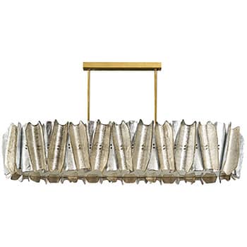Italian Murano Glass Silver Leafed Brutalist Chandelier featuring handblown glass elements and gold leaf on the side. This Elongated chandelier also features a brass structure