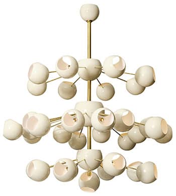 Italian Modernist Chandelier. This grand chandelier with multiple ivory steel lacquered orbs connected with brass stems to the main body piece. 