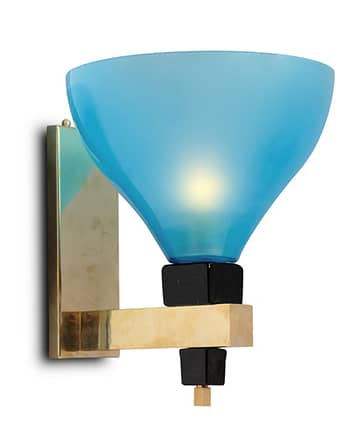 Italian Blue Murano Cup sconces with black glass and brass structure 