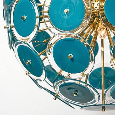 Murano glass chandelier in the sputnik shape with beautiful hand-blown glass discs design. Each disc element has opaque teal blue glass rimmed with clear glass. It has been newly wired to fit US standards.