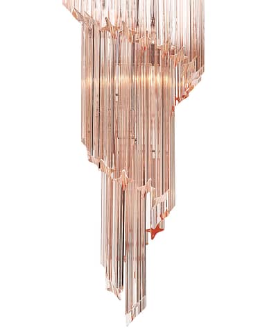 Pink Murano glass Venini “triedri” spiral chandelier. This piece by Venini is in the iconic “spirale triedri” shape and features beautiful hand-blown glass components in a pink hue. They glass is layered in a downward spiral on a chromed structure. This piece has been newly wired to fit US standards. Add a touch of sophistication with this venini pink murano glass long spiral chandelier.