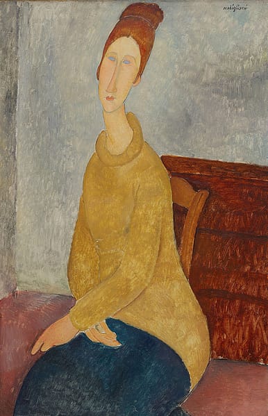 Modigliani's portrait of Jeanne in a yellow sweater. Find more archives of his work in Paris.
