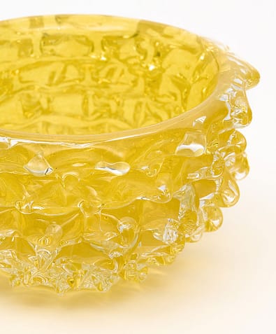 Murano glass bowl, Italian, from the island of Murano. This hand-blown piece has a striking yellow color and is made with the rostrate technique. Perfect as a murano glass accessory on your antique desk.
