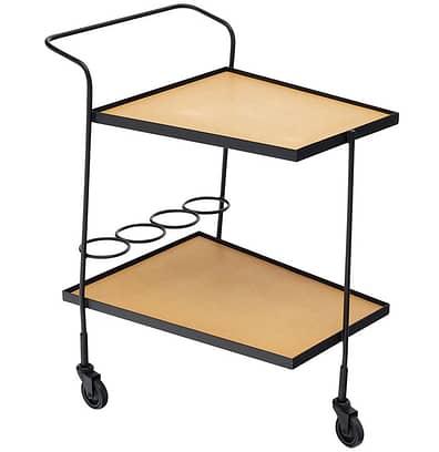 Bar cart by Iconic designer Mathieu Mategot. This piece has a black lacquered steel structure with two Moleskin levels. This Modernist piece features a bottle holder and casters. Use this bar cart in an unexpected way like using it as a flower or plant station.