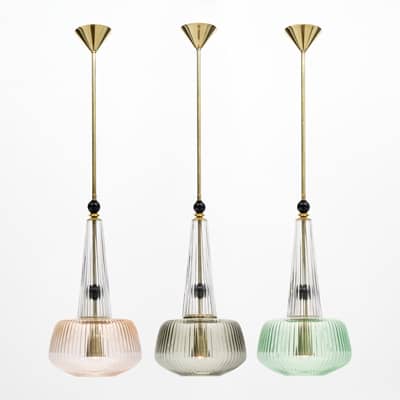 A set of three colored green pink and grey vintage Murano glass Pendants as good kitchen island home lighting