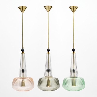 A set of three colored green pink and grey vintage Murano glass Pendants as good kitchen island home lighting
