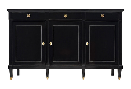 Buffet, enfilade, from France and made of mahogany that has been ebonized and finished in a lustrous museum-quality French polish. There are three doors that open to adjustable shelving. Three dovetailed drawers have brass hardware. The tapered square legs are capped with brass.