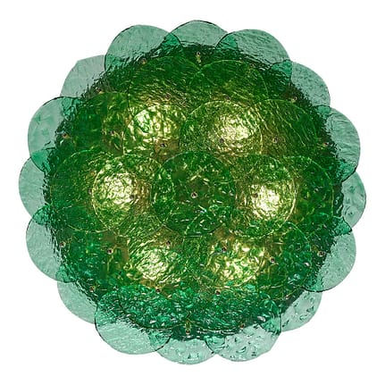Green Murano glass flush mount by Carlo Nason. This spectacular fixture features hand-blown discs of organically textured green glass with chrome finials. It has been newly wired to fit the US standards. Add a small touch of elegance and color to your home.