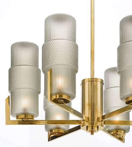 Spectacular brass and glass modernist chandelier with a 6 branch solid brass structure and textured hand blown Murano glass components. A boldly modern chandelier with a very noble neoclassical feel about it, one of our favorites. The price is for the pair. Perfect for your modern kitchen.