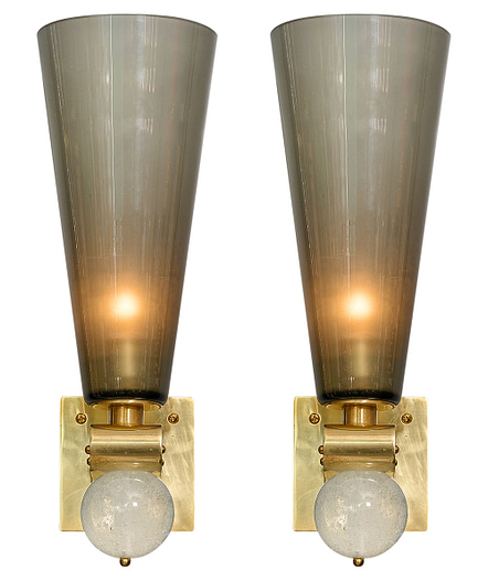 Pair of Murano sconces, from the island of Murano. These sconces feature a conic Murano smoked glass shade mounted on a solid polished brass structure adorned with a “pulegoso”glass sphere. They have been newly wired to fit US standards. Add artistic sconces to your kitchen to create ambience and and luxurious feel. 