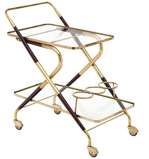 Bar cart from Italy made of mahogany and brass by designer Cesare Lacca. There are two glass shelves as well, and it is supported by original casters. Use a bar cart in unexpected ways like using it as an elegant side table