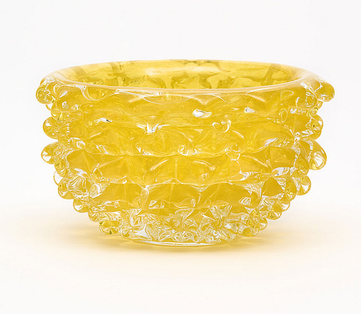 Murano glass bowl, Italian, from the island of Murano. This hand-blown piece has a striking yellow color and is made with the rostrate technique. Add some sunshine into your kitchen.