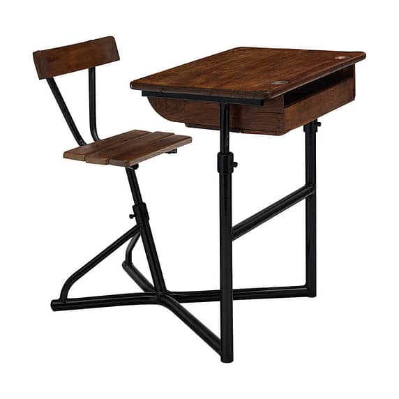 Mid-century modern French school desk, featuring a black laquered steel structure supporting both a wooden adjustable chair and a wooden adjustable desk with a writing surface and its compartment. Vintage Timeless Elegance from a school desk.