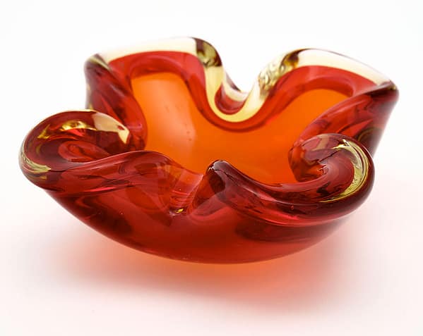 Bowl made of hand-blown Murano glass in crimson red and gold tones. Perfect for a timeless antique desk and home office.