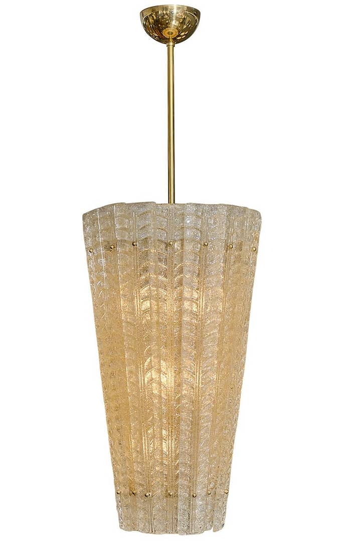 Lantern, Italian, from the Island of Murano. ”Pulegoso” glass blades, are fused with 24 carat gold powder and attached to a gilt brass structure to form this stunning fixture.