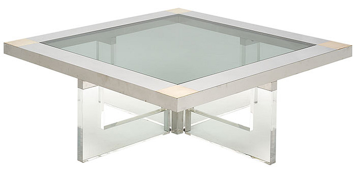 Table, Italian, made of Lucite, chromed steel, and brass. This table has a smoked glass top. This piece is by iconic designer Sandro Petti and originally came from the apartment of Zefferelli’s costume designer in Rome. Made for Angelo Metal Arte.