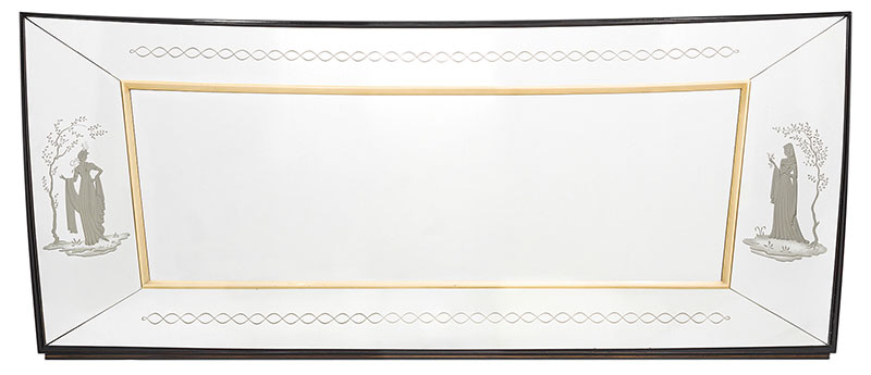 Grand mirror, French. This piece features an inside maple wood frame and engraved friezes featuring female figures. The length listed is at the widest point, at the narrowest point the length is 93.75”.