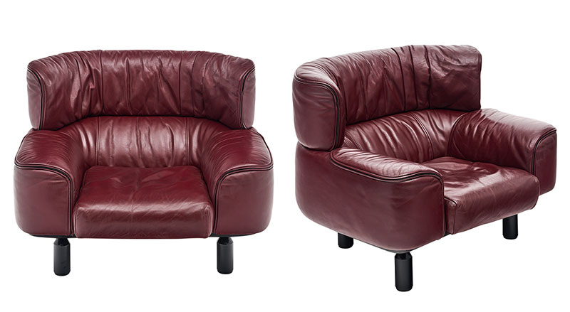 Pair of armchairs designed by Gianfranco Frattini for Cassina. This pair is made with red leather and has the Cassina signature on the backside of the seat pillows. We love the comfort, size, and style of this pair. High-end designer vintage furniture.