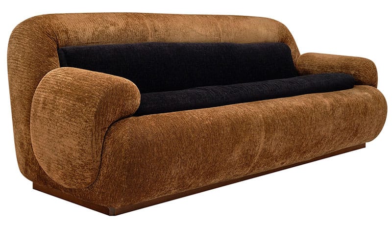 Sofa, mid-century modern, from Italy with brown and black corduroy upholstery. This piece is in the style of Mario Bellini and is extremely comfortable. It is supported by a walnut base. 